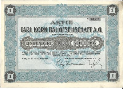 Akcje Firmy Budowlanej Karola Korna - 100 szylingów - 1929 r., Wiedeń [Nr 01,817]
