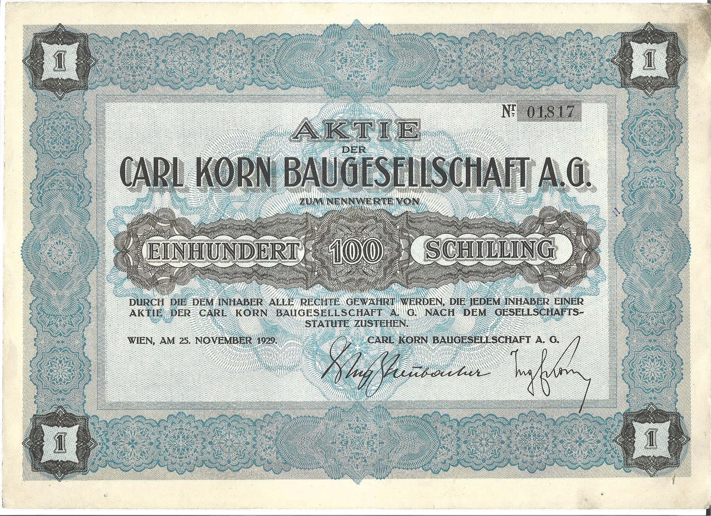 Akcje Firmy Budowlanej Karola Korna - 100 szylingów - 1929 r., Wiedeń [Nr 01,817]