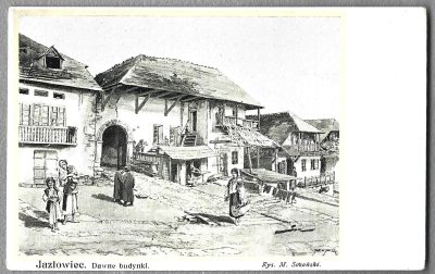 Pocztówka - JAZŁOWIEC. Dawne budynki - Rys. M. Sozański - Kresy wschodnie