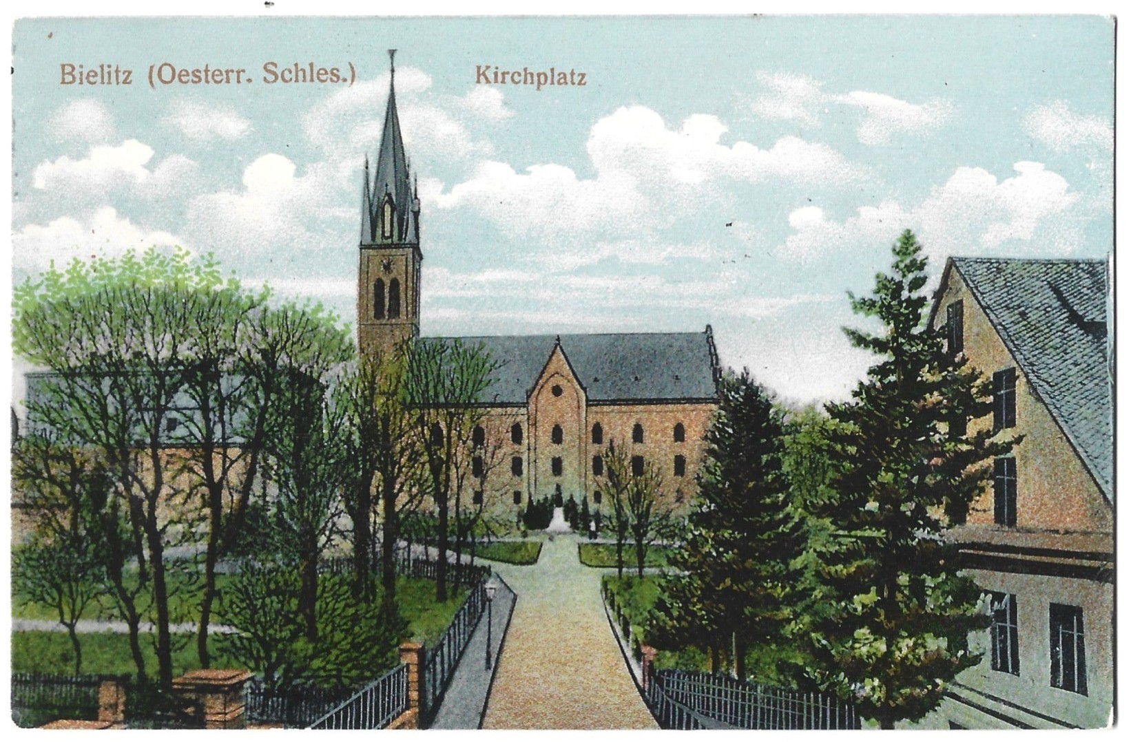 Pocztówka - Bielitz (Oesterr. Schles.). Kirchplatz - Bielsko (Śląsk Austriacki). Plac Kościelny