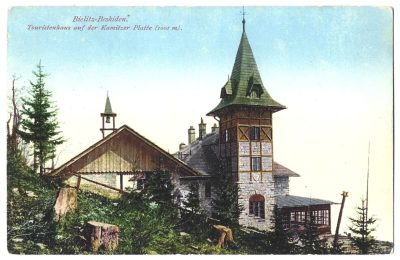 Pocztówka - Bielitz-Beskiden. Touristenhaus auf der Kamitzer Platte (1001 m) - Bielsko. Schronisko na Szyndzielni, 1913 r.