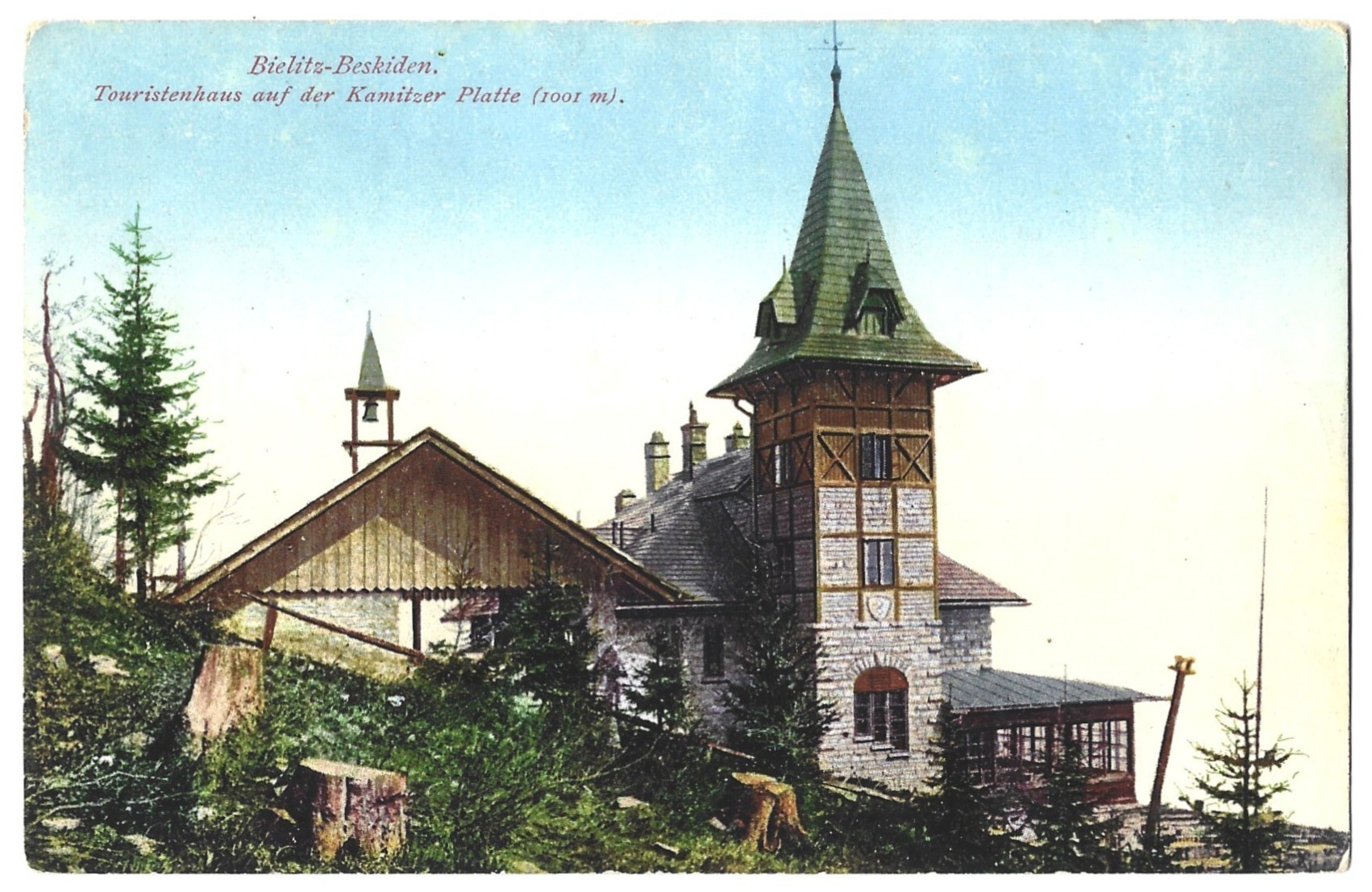 Pocztówka - Bielitz-Beskiden. Touristenhaus auf der Kamitzer Platte (1001 m) - Bielsko. Schronisko na Szyndzielni, 1913 r.