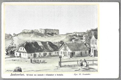 Pocztówka - JAZŁOWIEC. Widok na zamek i klasztor z hotelu - Rys. M. Sozański - Kresy wschodnie