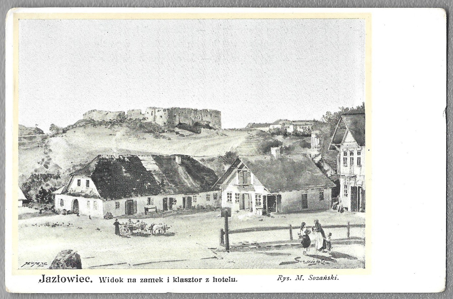 Pocztówka - JAZŁOWIEC. Widok na zamek i klasztor z hotelu - Rys. M. Sozański - Kresy wschodnie