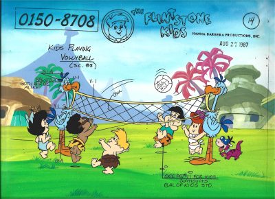 Oryginalny zestaw animacyjny z bajki THE FLINTSTONE KIDS – Kids Playing Vollyball - Dzieci grające w siatkówkę, 1987 r.