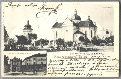 Pocztówka - Pozdrowienie z Żółkwi - Kościół. Bazylianie; Brama zwierzyniecka, 1901 r. - Kresy wschodnie