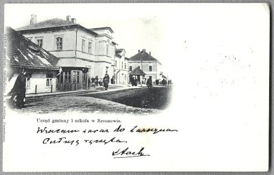 Pocztówka - Urząd gminy i szkoła w Brzozowie, 1910 r.