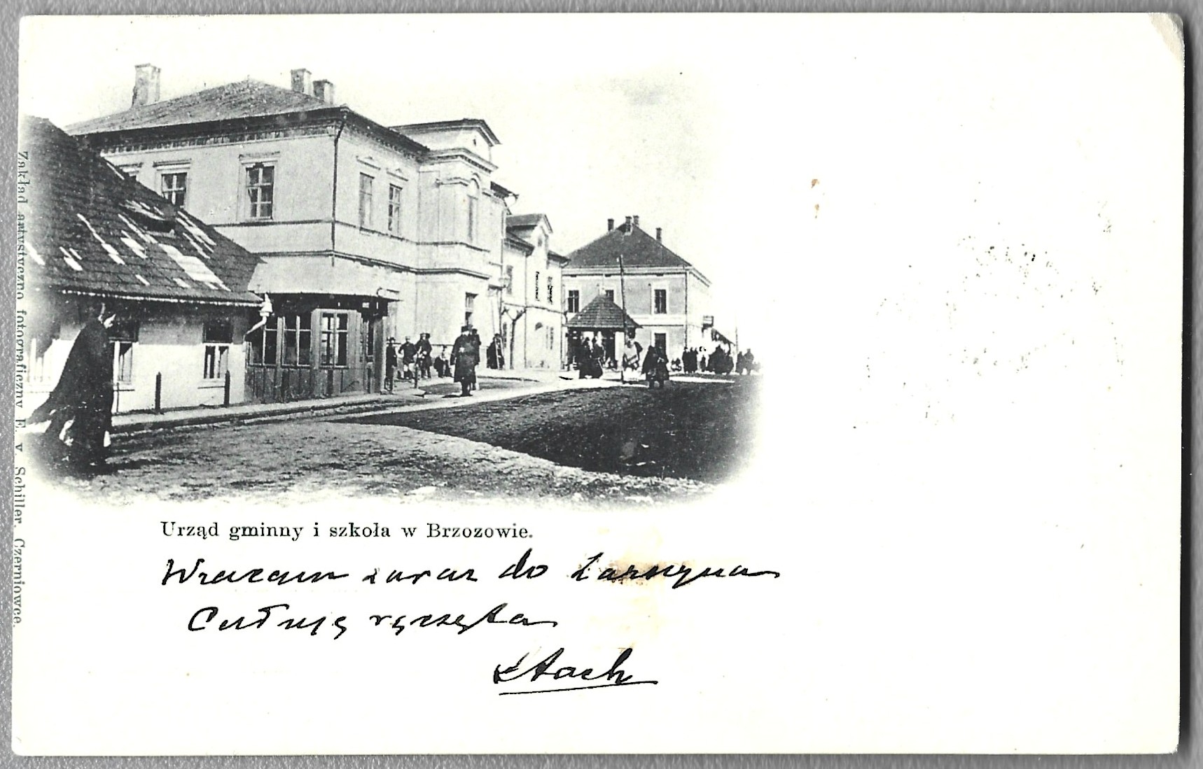 Pocztówka - Urząd gminy i szkoła w Brzozowie, 1910 r.