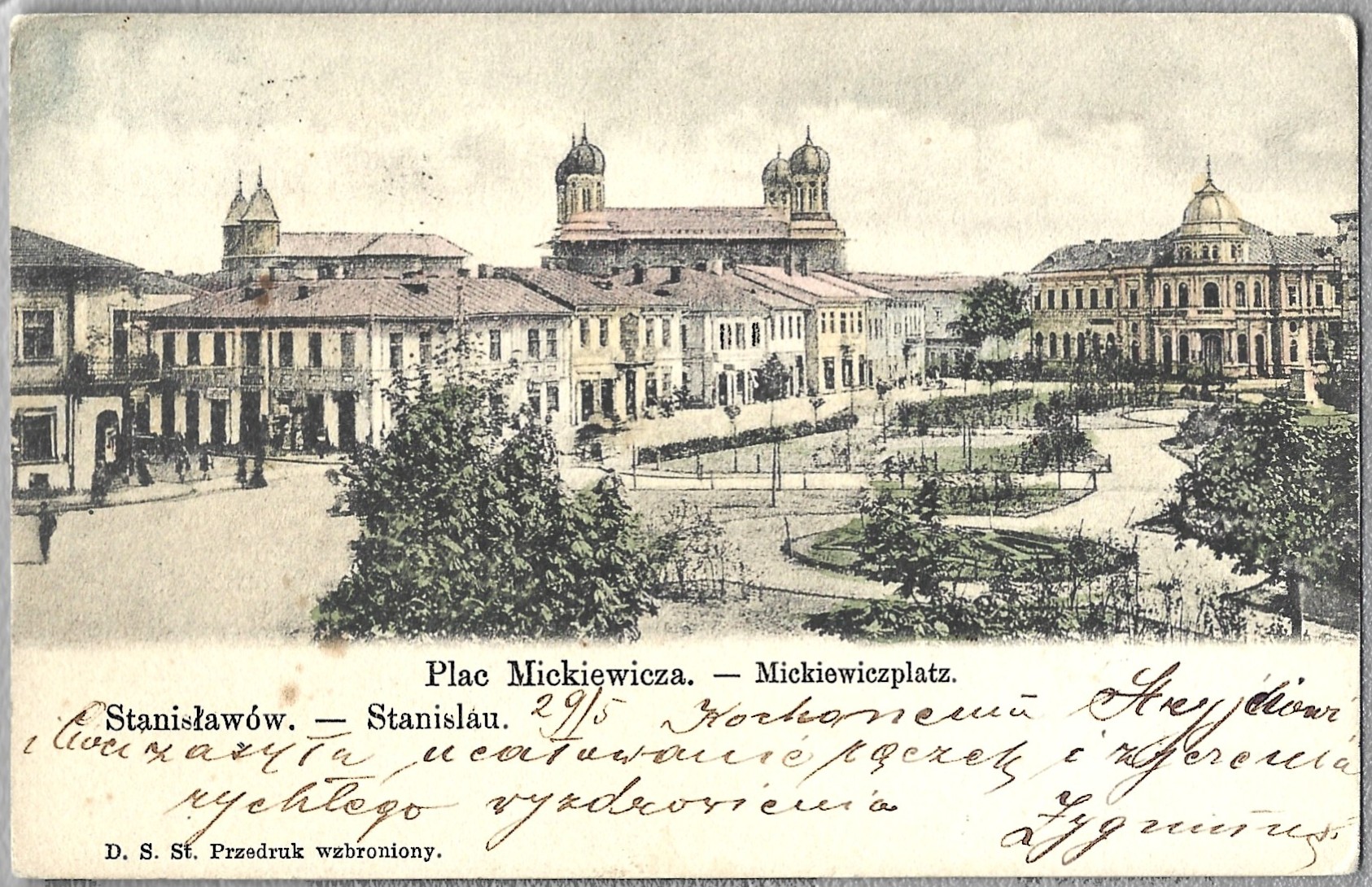 Pocztówka - Satanisławów. Plac Mickiewicza - Stanislau. Mickiewiczplatz - Kresy wschodnie