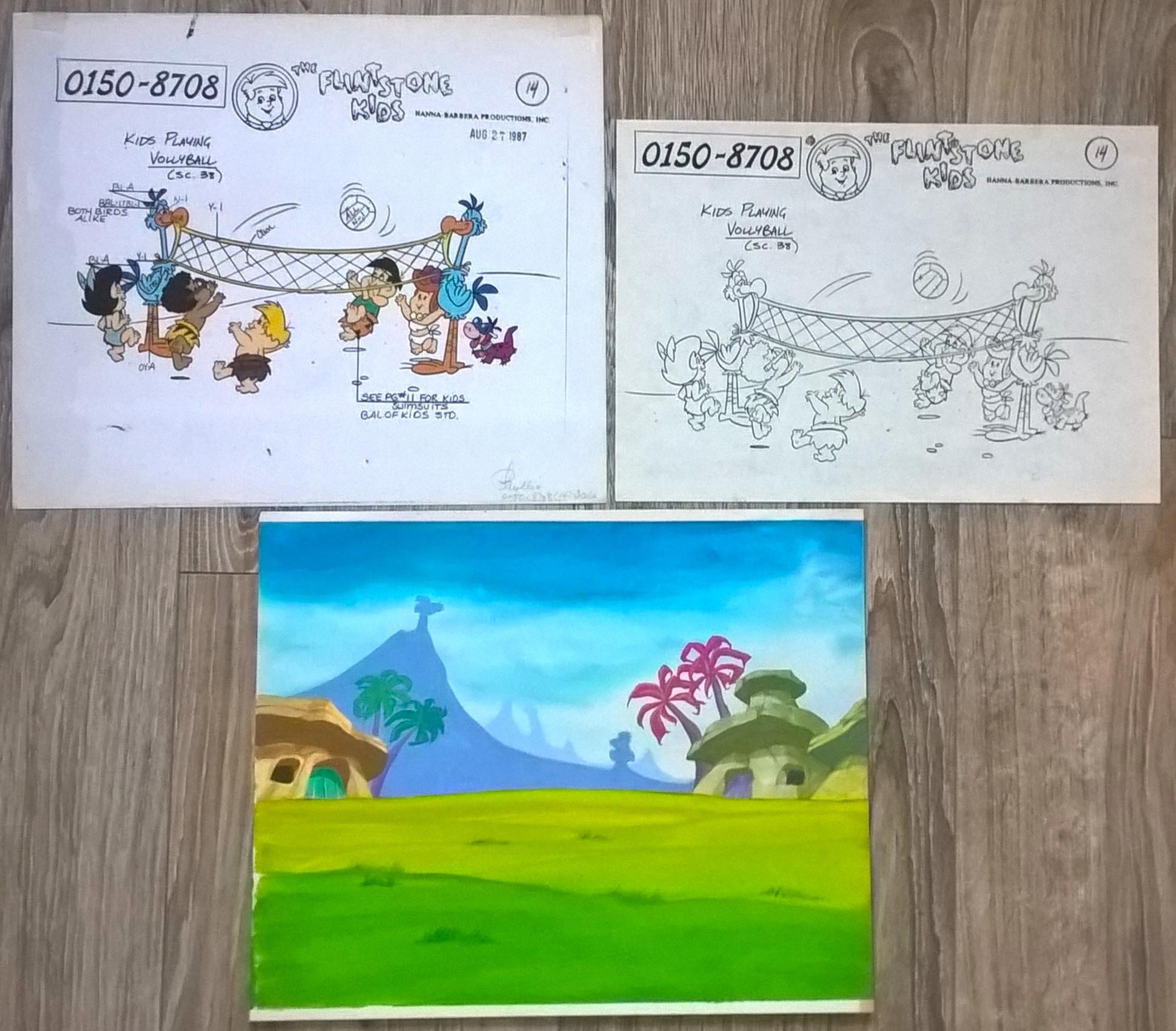 Oryginalny zestaw animacyjny z bajki THE FLINTSTONE KIDS – Kids Playing Vollyball - Dzieci grające w siatkówkę, 1987 r.