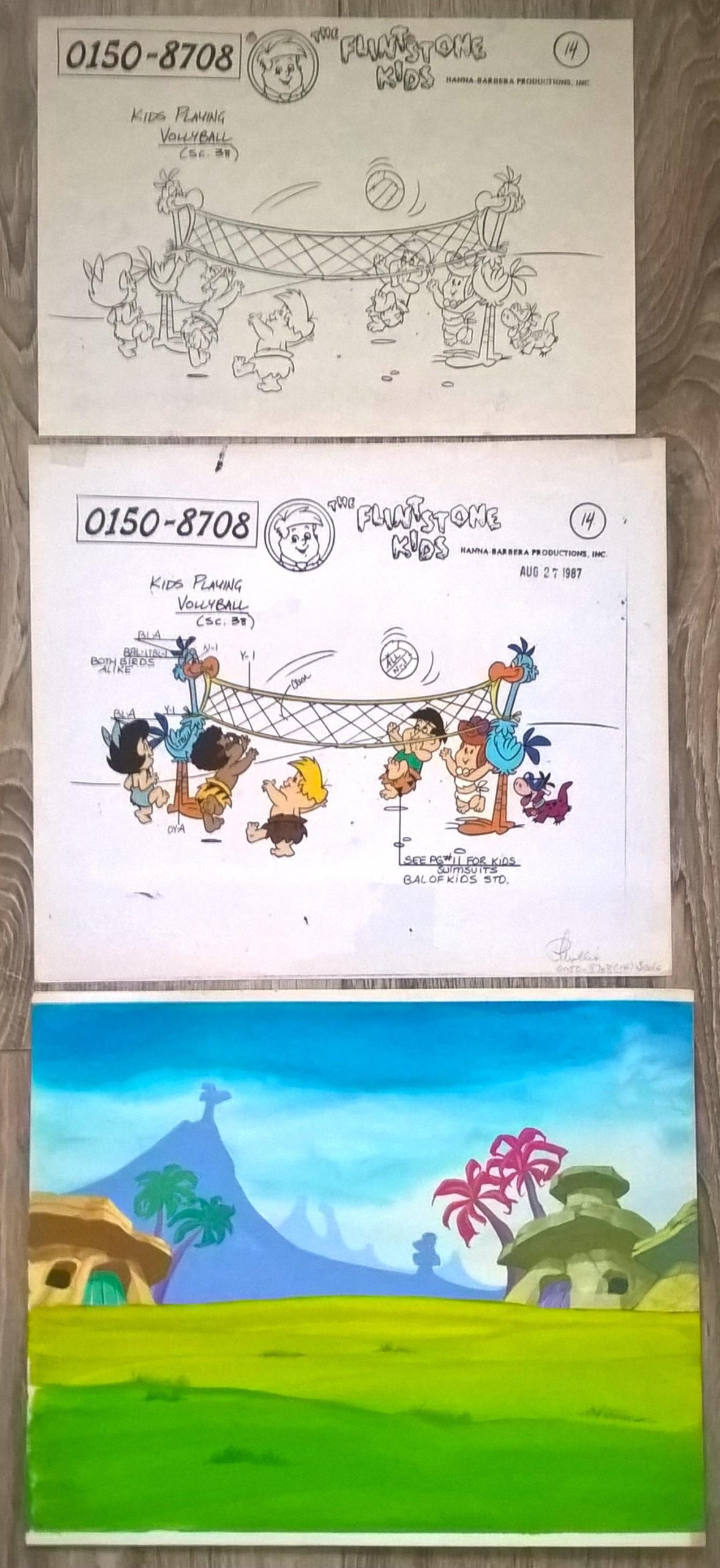 Oryginalny zestaw animacyjny z bajki THE FLINTSTONE KIDS – Kids Playing Vollyball - Dzieci grające w siatkówkę, 1987 r.