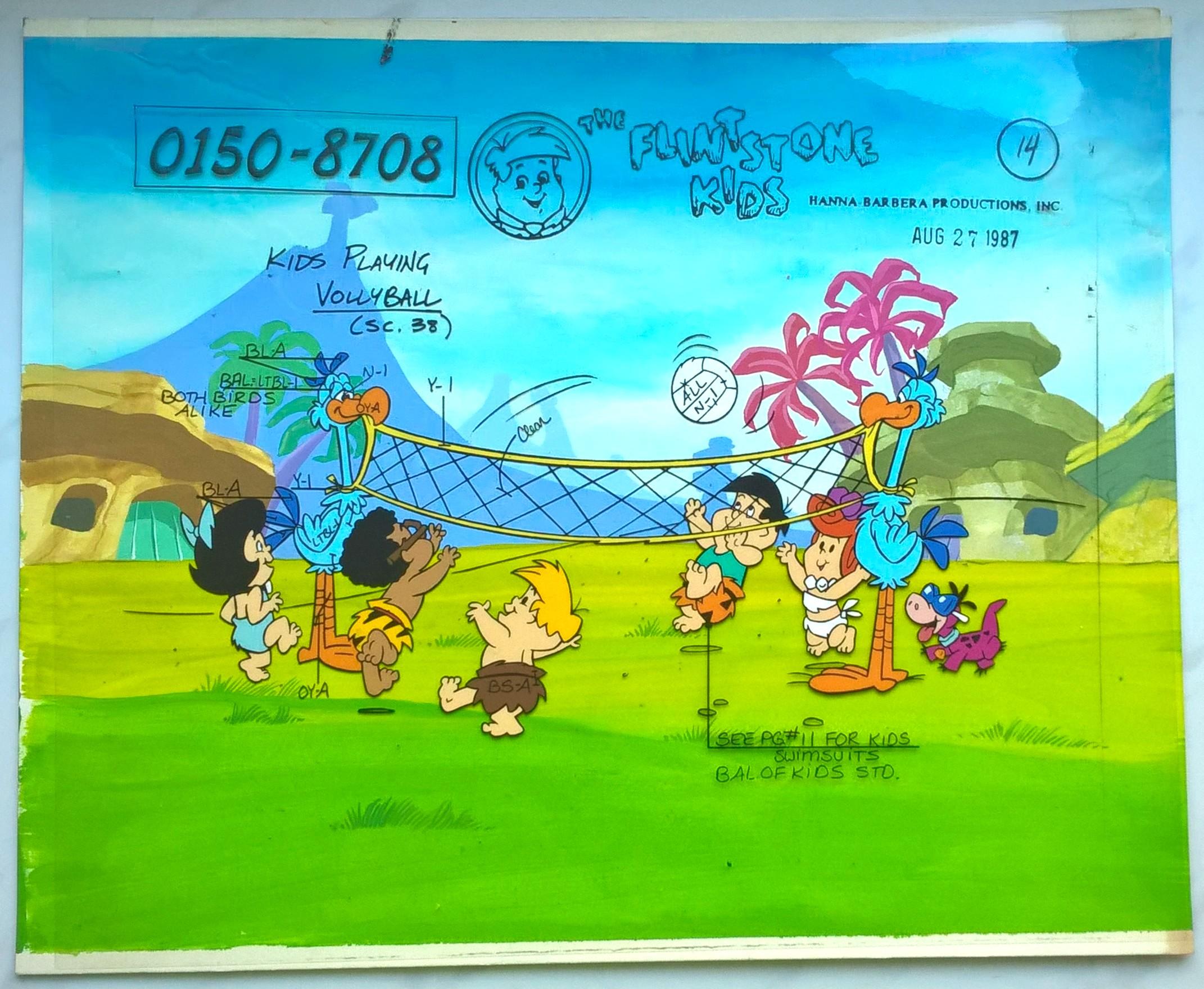 Oryginalny zestaw animacyjny z bajki THE FLINTSTONE KIDS – Kids Playing Vollyball - Dzieci grające w siatkówkę, 1987 r.