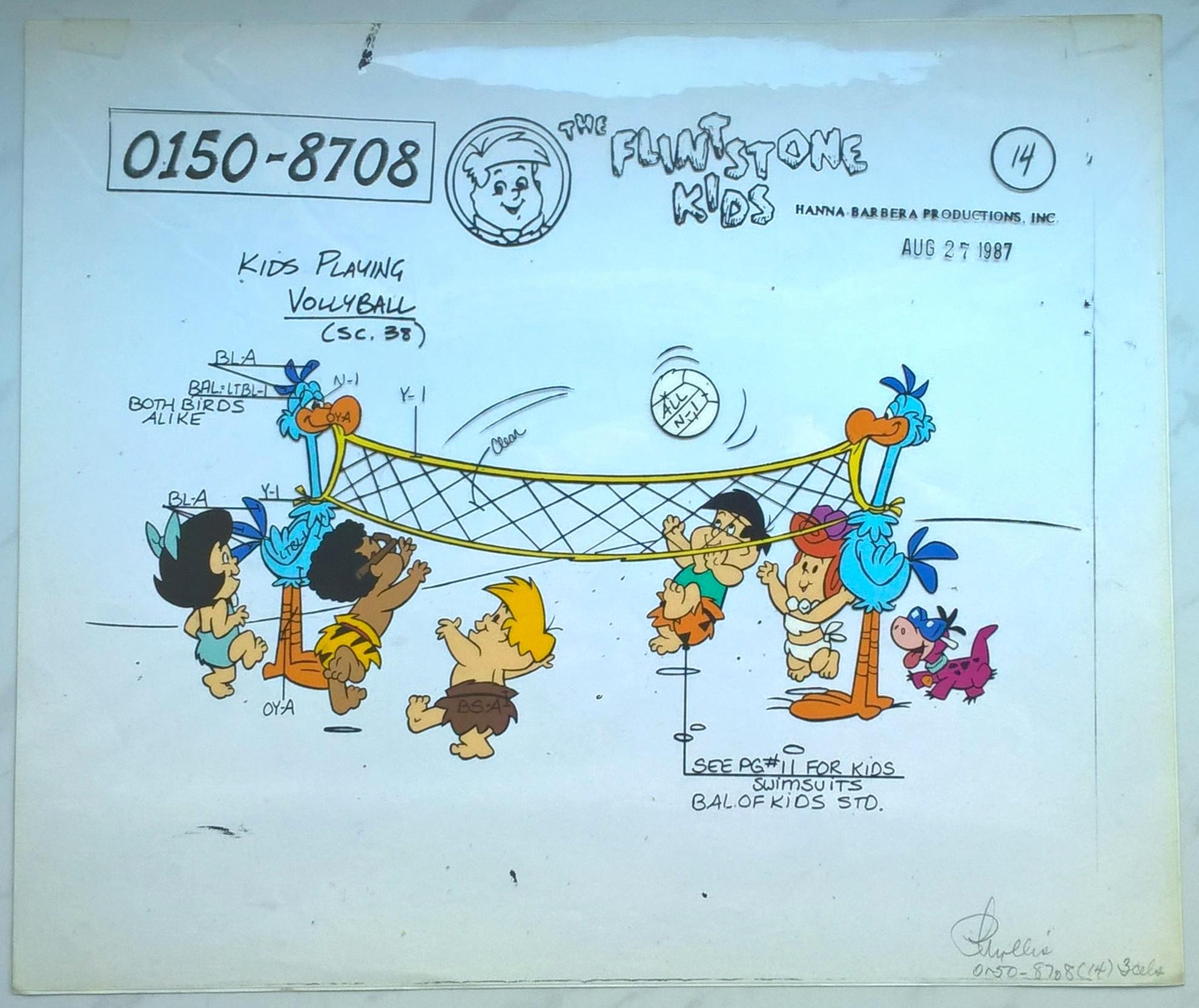 Oryginalny zestaw animacyjny z bajki THE FLINTSTONE KIDS – Kids Playing Vollyball - Dzieci grające w siatkówkę, 1987 r.