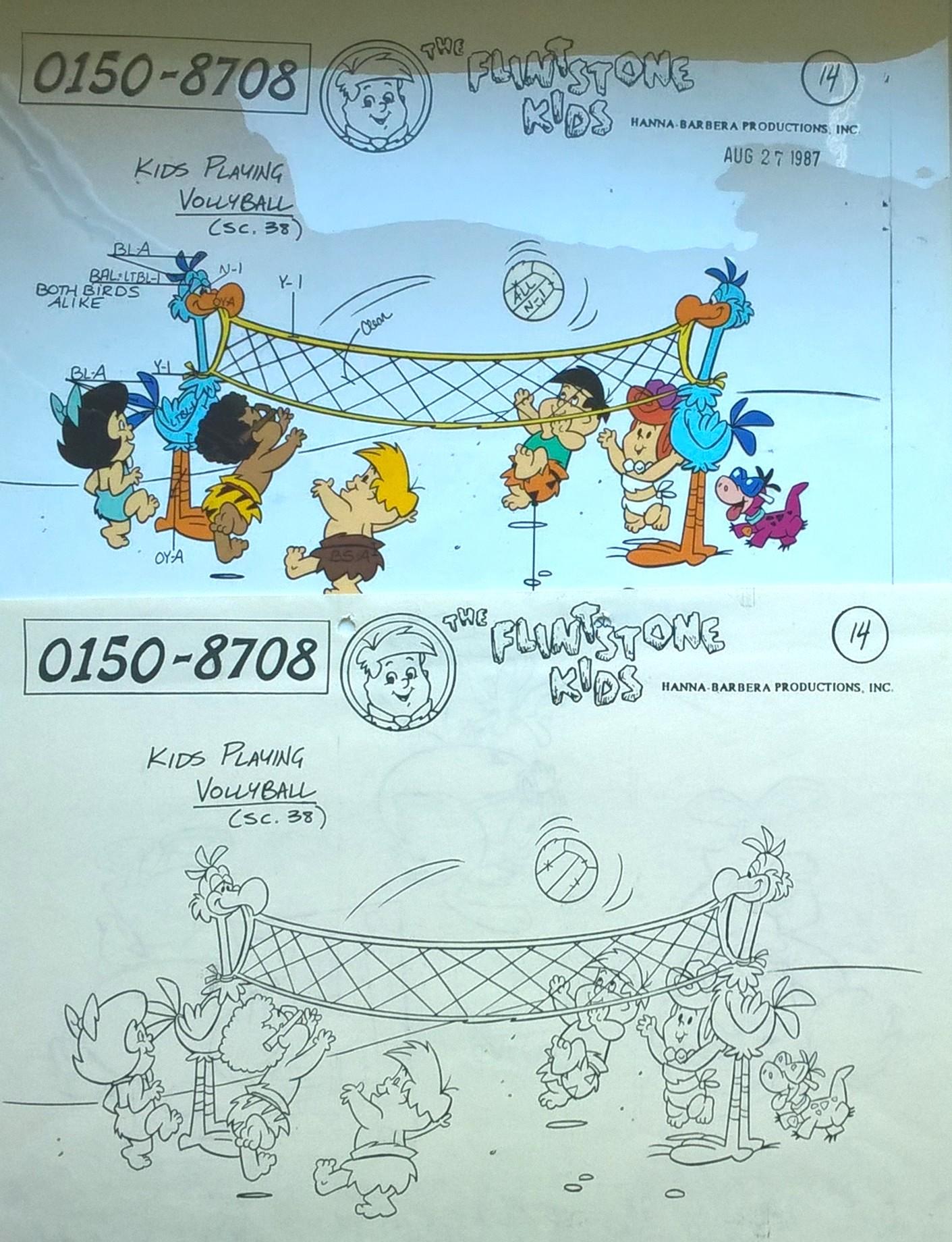 Oryginalny zestaw animacyjny z bajki THE FLINTSTONE KIDS – Kids Playing Vollyball - Dzieci grające w siatkówkę, 1987 r.