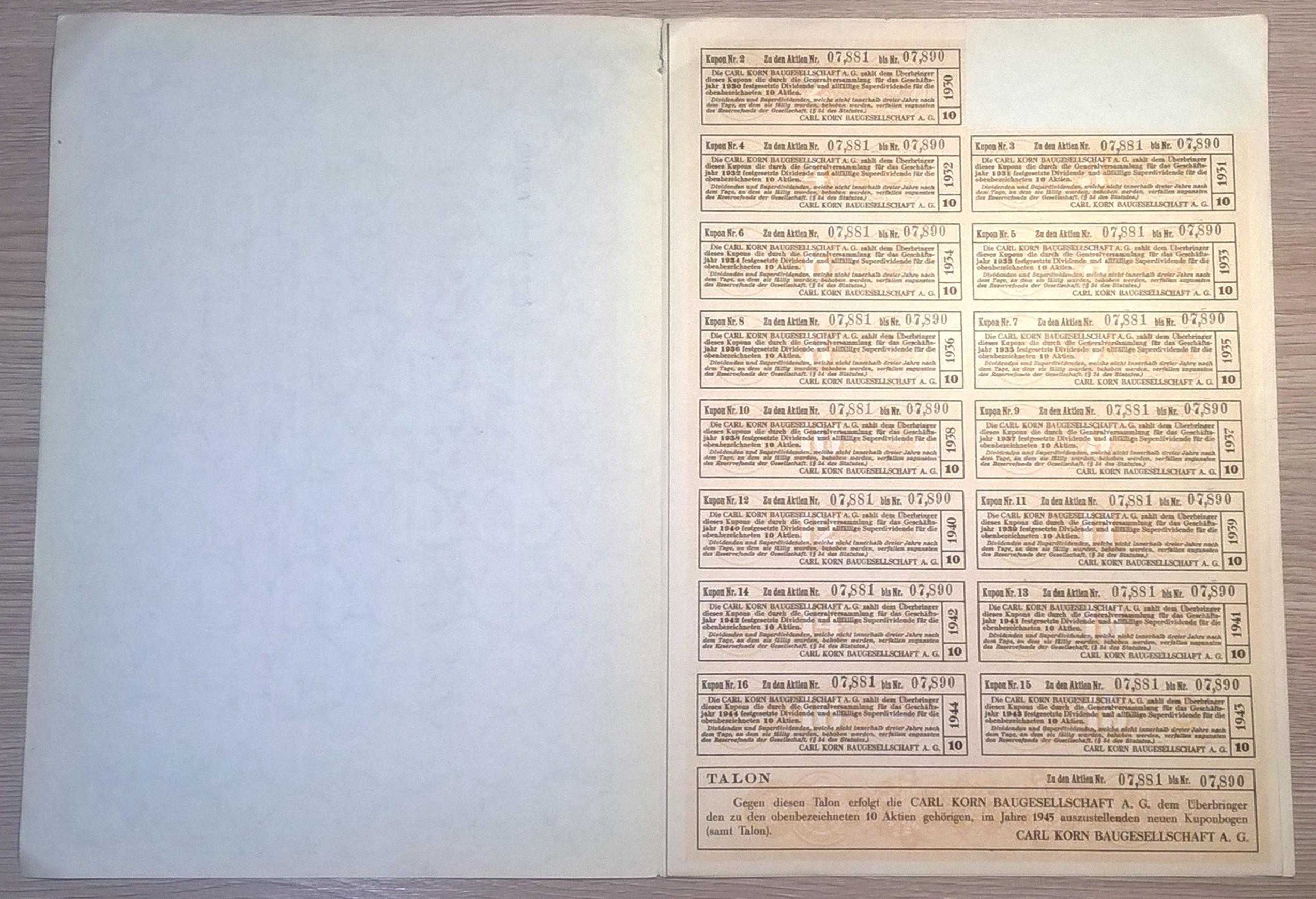 10 Akcji Firmy Budowlanej Karola Korna – 100 szylingów – 1929 r., Wiedeń [Nr 07,881 bis Nr 07,890]