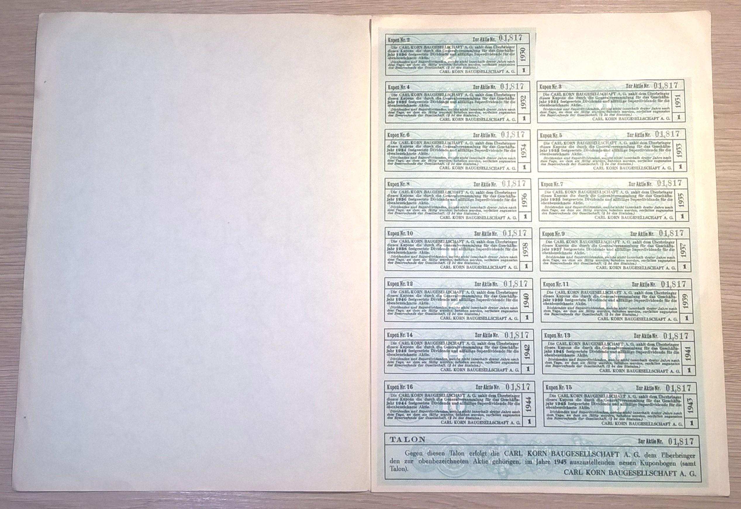 Akcje Firmy Budowlanej Karola Korna - 100 szylingów - 1929 r., Wiedeń [Nr 01,817]