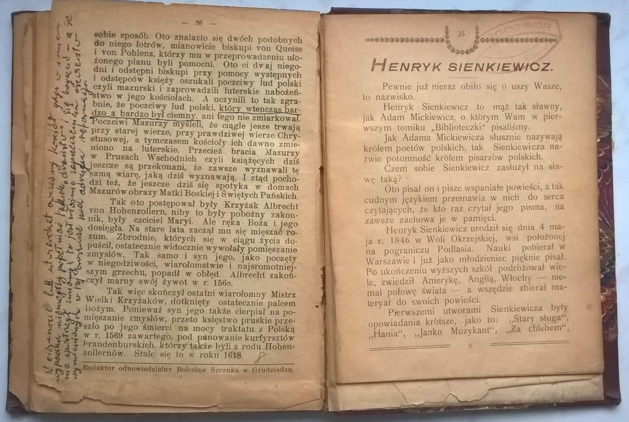 Książka "Założenie i znaczenie ARCYBISKUPSTWA GNIEŹNIEŃSKIEGO" 1908 r. oraz "KRZYŻACY. Krótka historia zakonu krzyżackiego w Polsce" 1908 r. oraz HENRYK SIENKIEWICZ Nowele