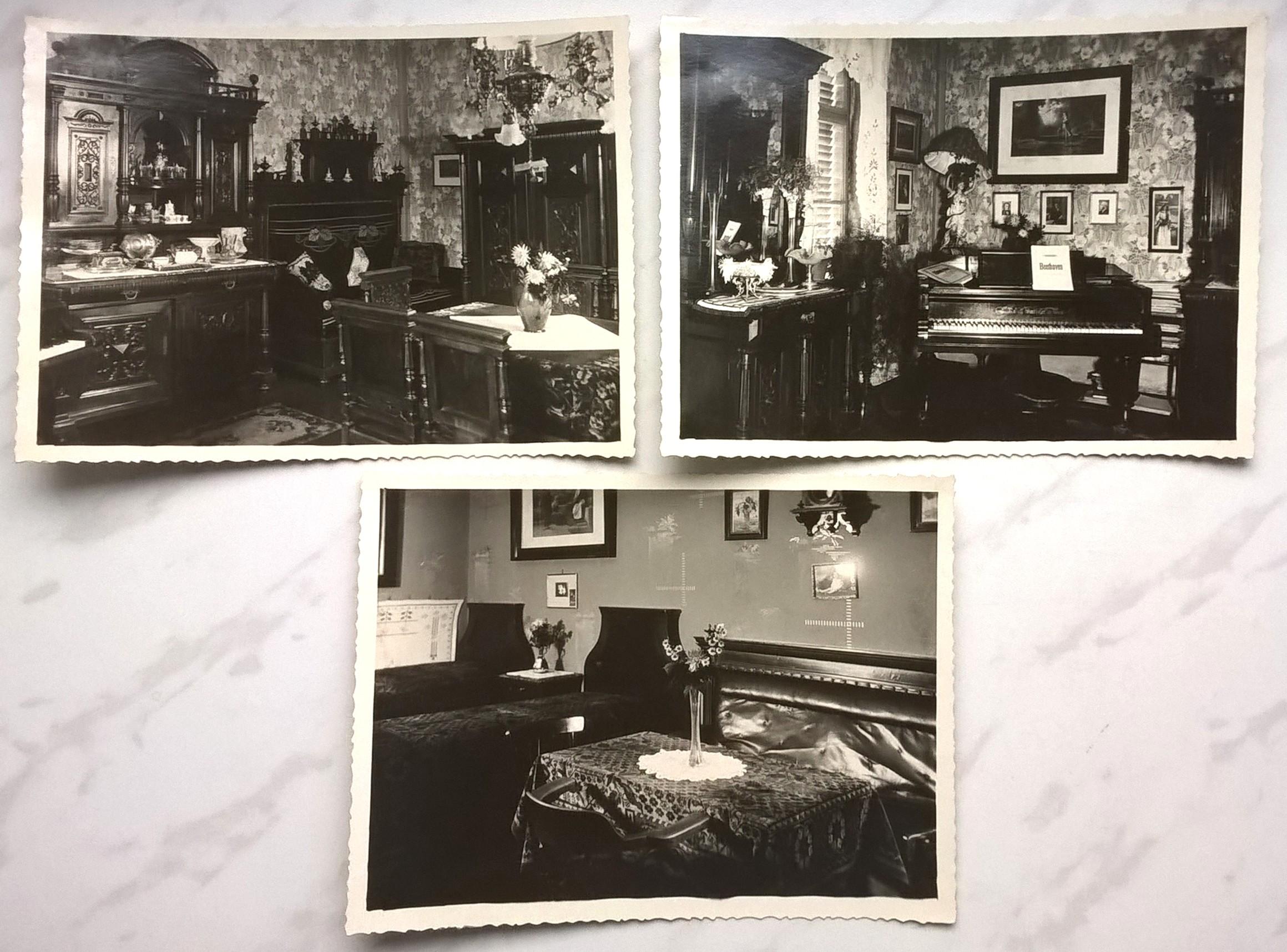 Zestaw zdjęć (3 szt.) – wnętrze mieszkania - salon, 1900-1915 - FOTO PREROVSKY, TRINEC-JABLUNKOV (Trzyniec-Jabłonków)