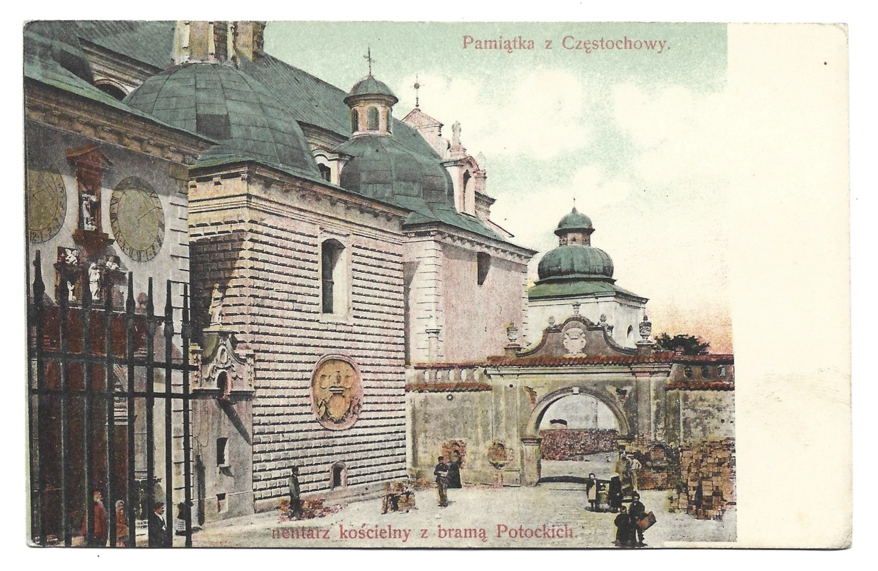 Pocztówka - PAMIĄTKA Z CZĘSTOCHOWY. Cmentarz kościelny z bramą Potockich