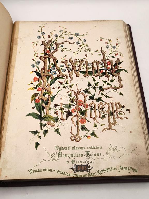 Książka "KWIATY I POEZJE" Maxymilian Fajans, Warszawa, 1883 r. - Wydanie z utworami Marii Konopnickiej i Adama Pługa - RZADKOŚĆ