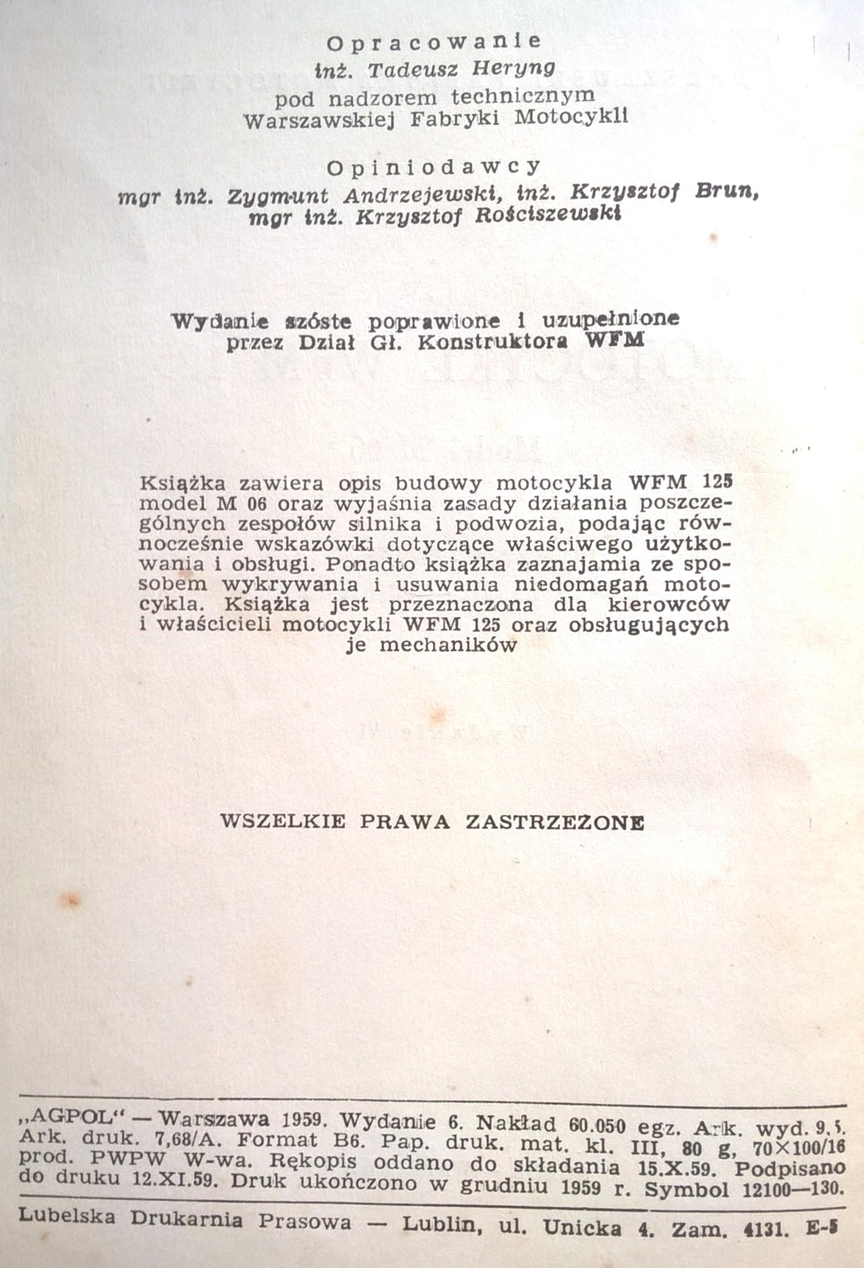 Książka "MOTOCYKL M 06 - 125" (Warszawska Fabryka Motocykli), 1959 r.