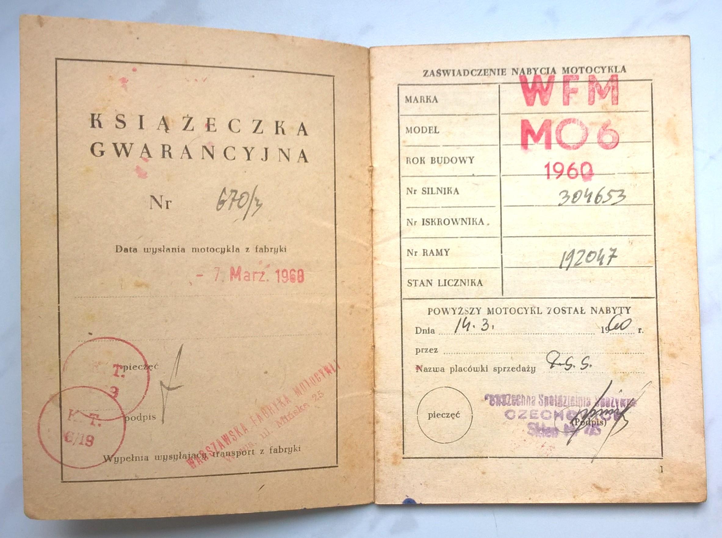 Karta Gwarancyjna M06 - Warszawska Fabryka Motocykli, 1960 r.