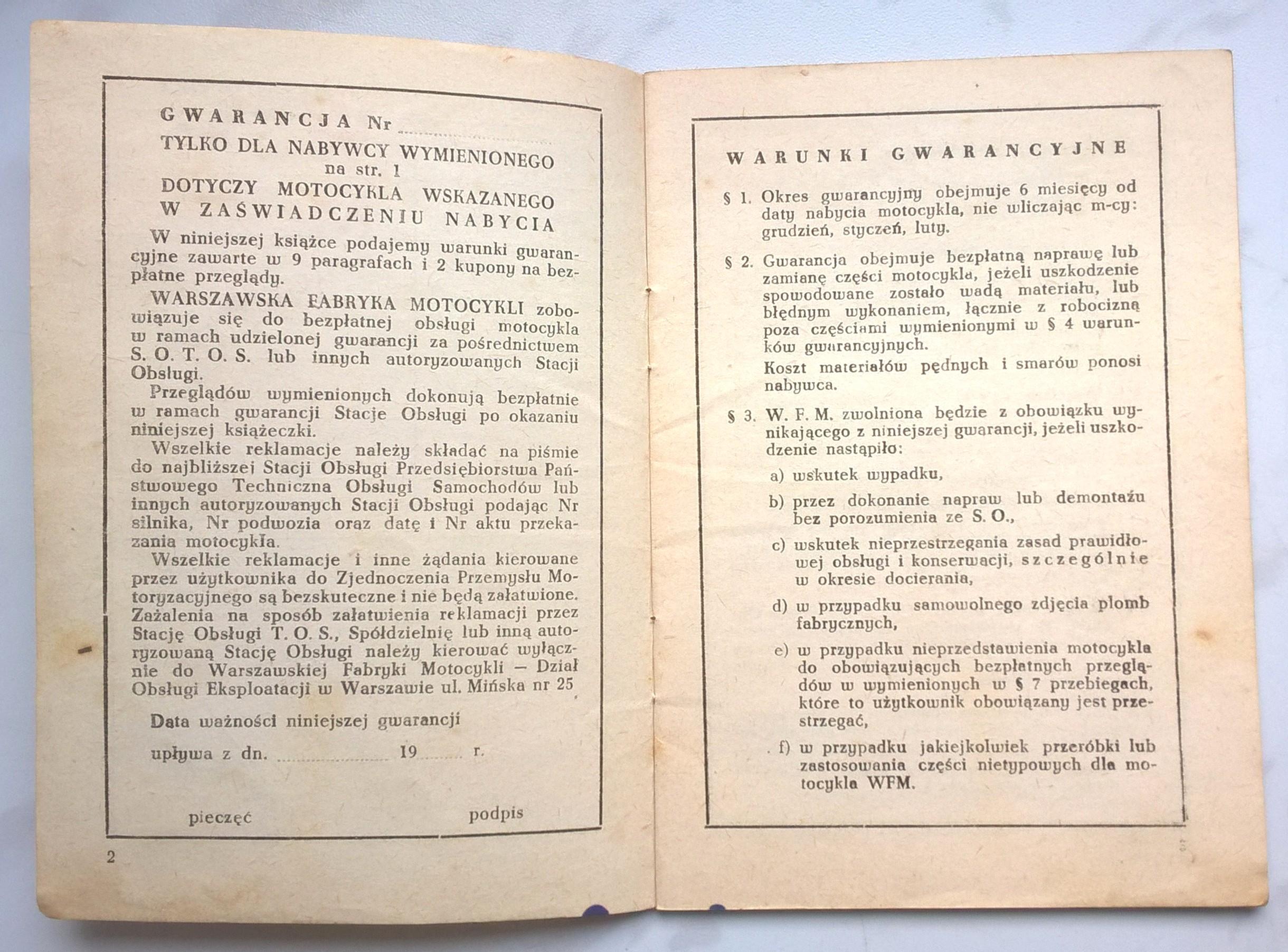 Karta Gwarancyjna M06 - Warszawska Fabryka Motocykli, 1960 r.