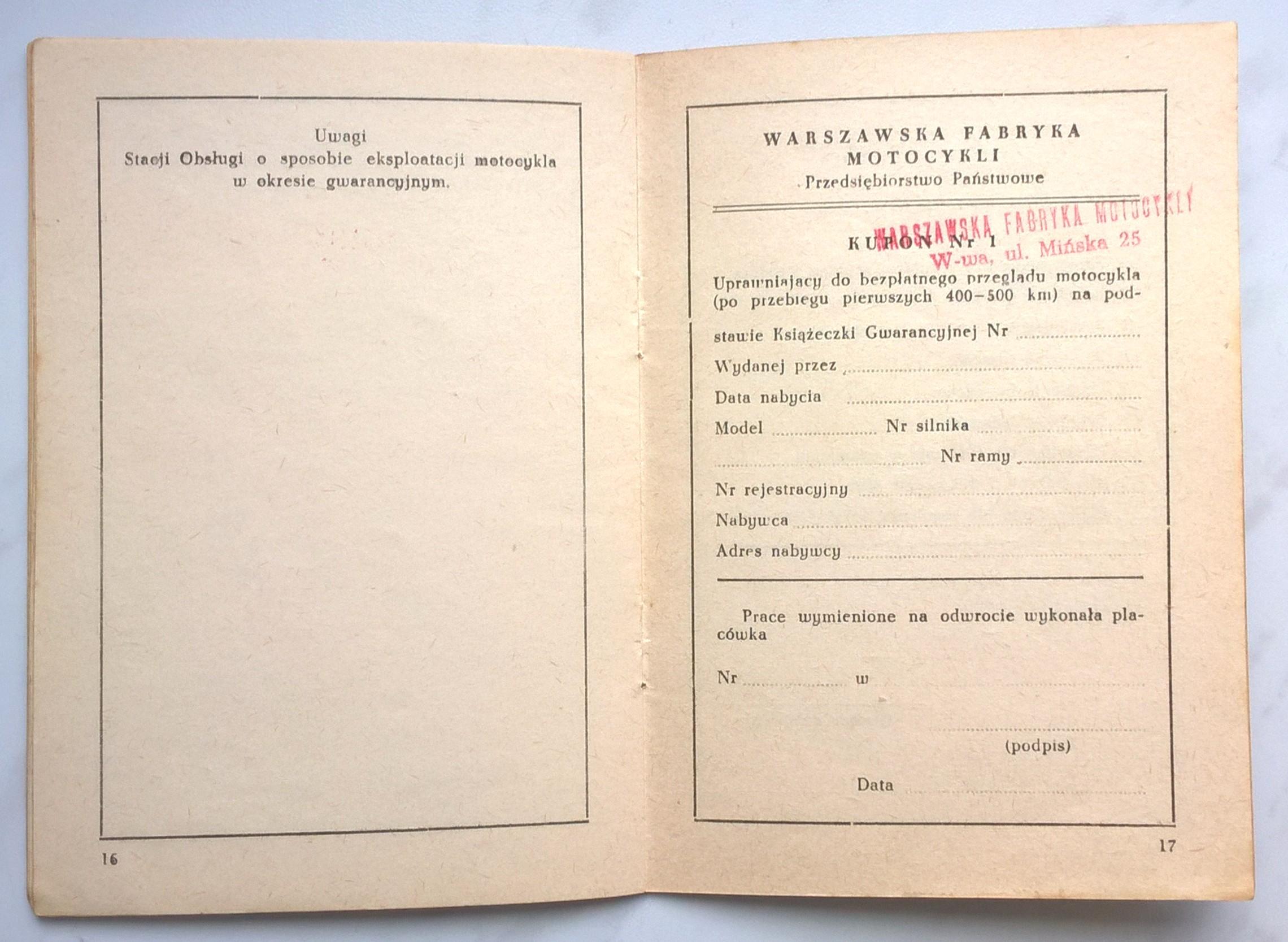 Karta Gwarancyjna M06 - Warszawska Fabryka Motocykli, 1960 r.