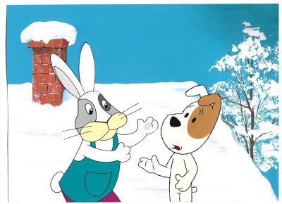 Oryginalna animacja - tło plus wycięte dwie folie - KRÓLIK i REKSIO