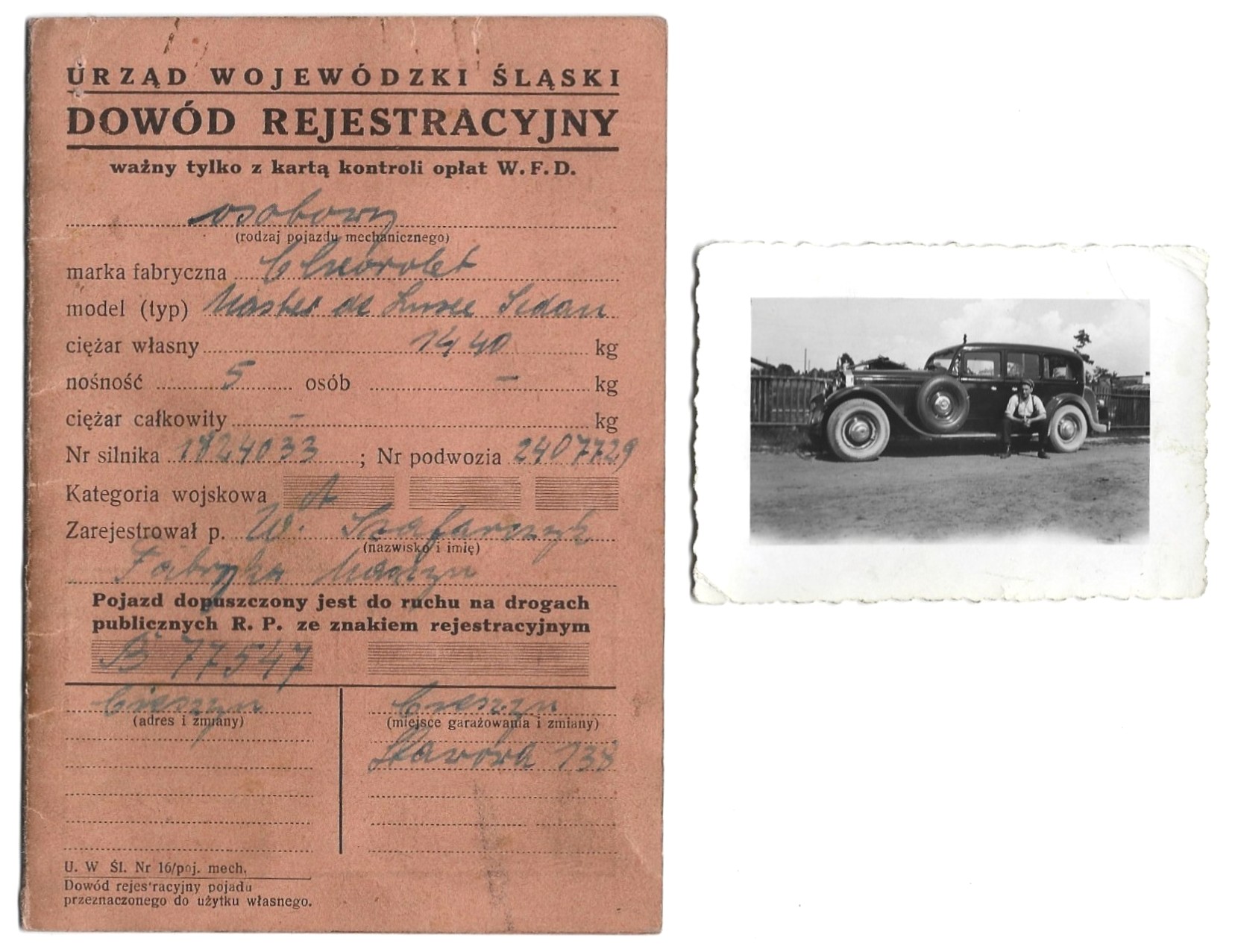 Dowód rejestracyjny i zdjęcie samochodu - Chevrolet Master Deluxe, 1939 r.