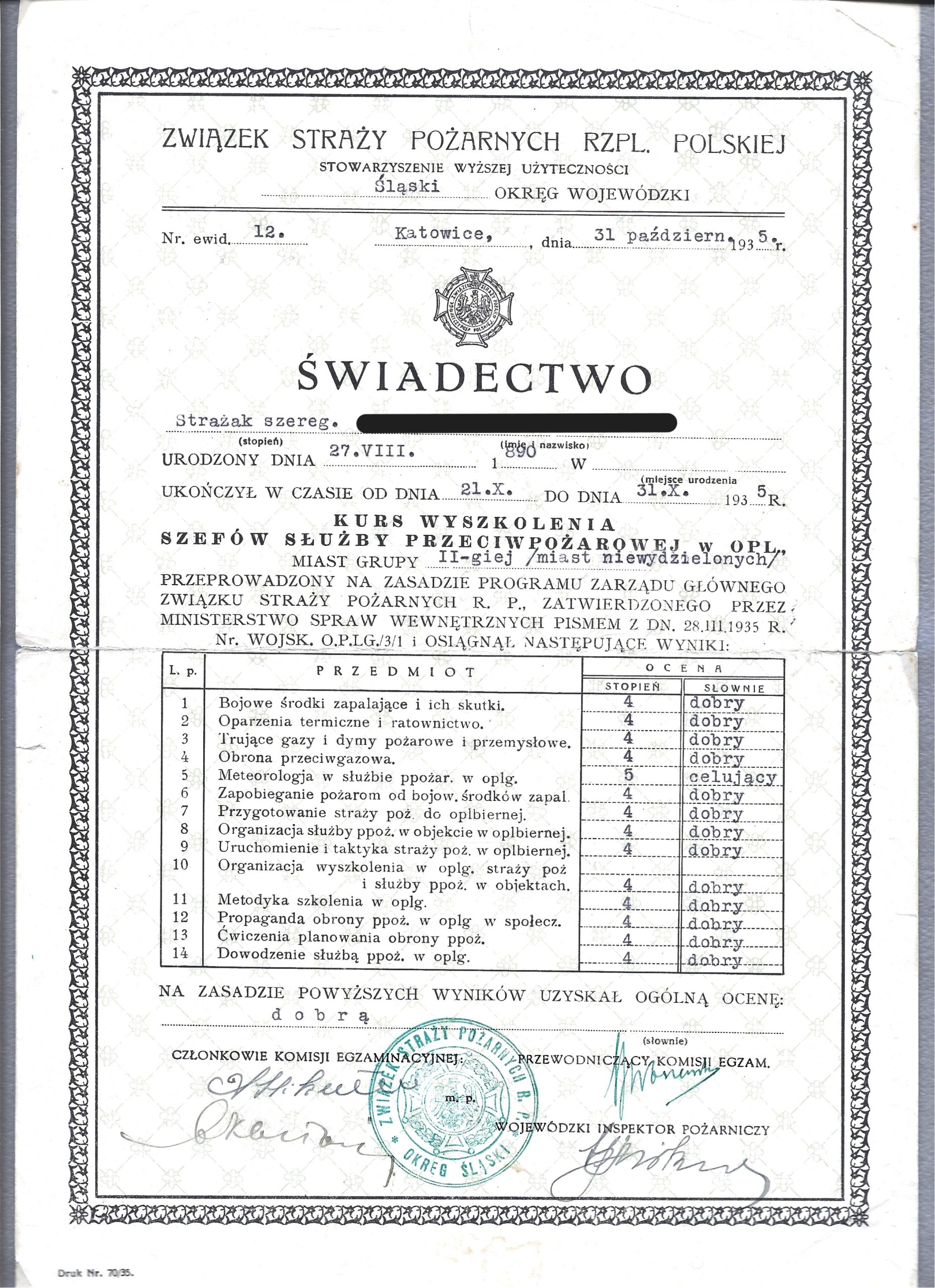Dokument - Świadectwo ukończenia Kursu Wyszkolenia Szefów Służby Przeciwpożarowej - Katowice, 1935 r.
