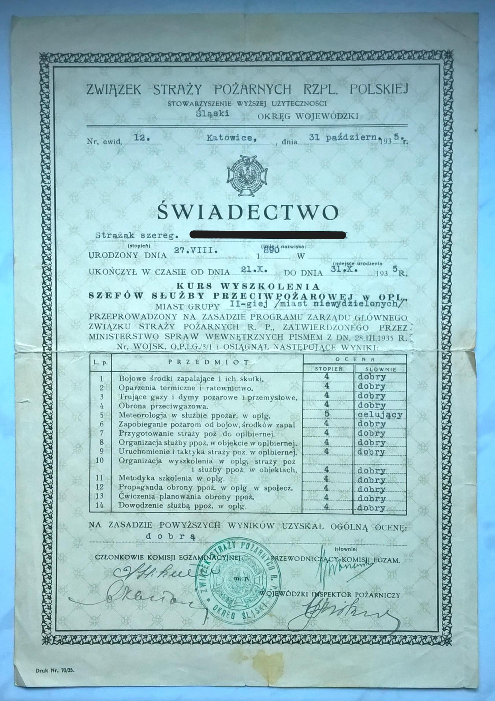 Dokument - Świadectwo ukończenia Kursu Wyszkolenia Szefów Służby Przeciwpożarowej - Katowice, 1935 r.