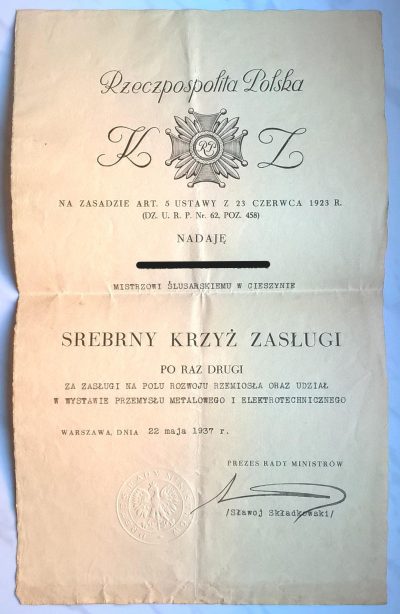 SREBRNY KRZYŻ ZASŁUGI - nadanie - 1937 r.