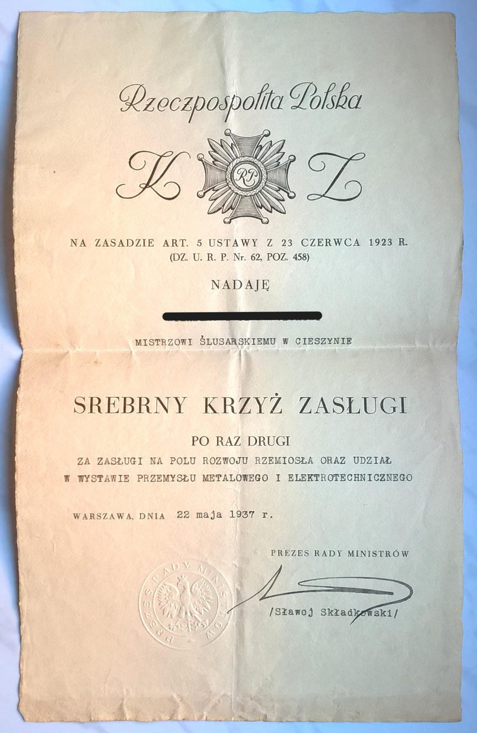 SREBRNY KRZYŻ ZASŁUGI - nadanie - 1937 r.