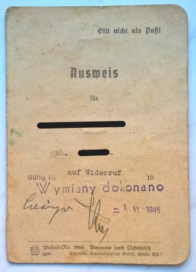 Stary dokument - Ausweis, Teschen (Cieszyn), 1943 r.