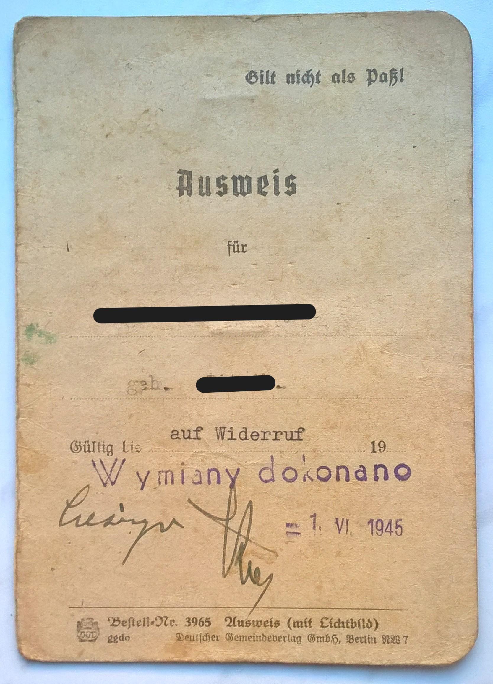 Stary dokument - Ausweis, Teschen (Cieszyn), 1943 r.