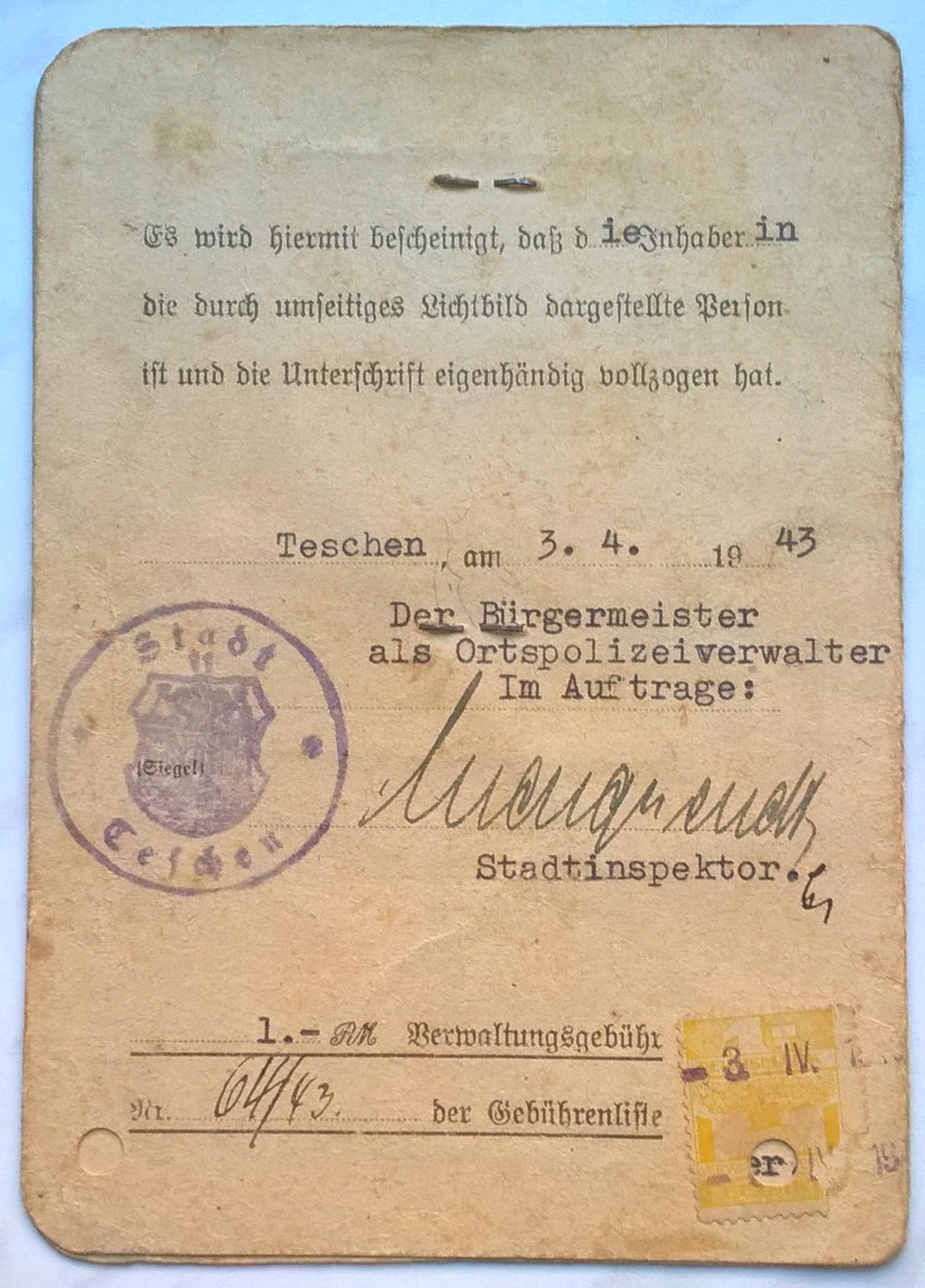 Stary dokument - Ausweis, Teschen (Cieszyn), 1943 r.