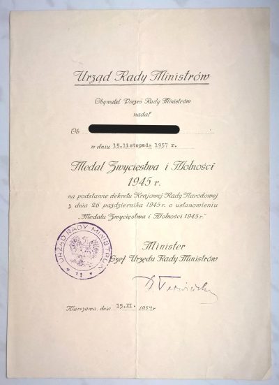 "Medal Zwycięstwa i Wolności 1945 r." - nadanie z 1957 r.