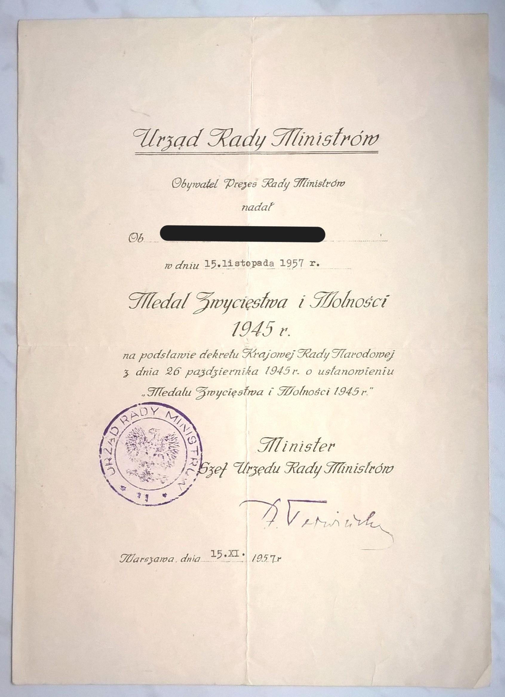 "Medal Zwycięstwa i Wolności 1945 r." - nadanie z 1957 r.