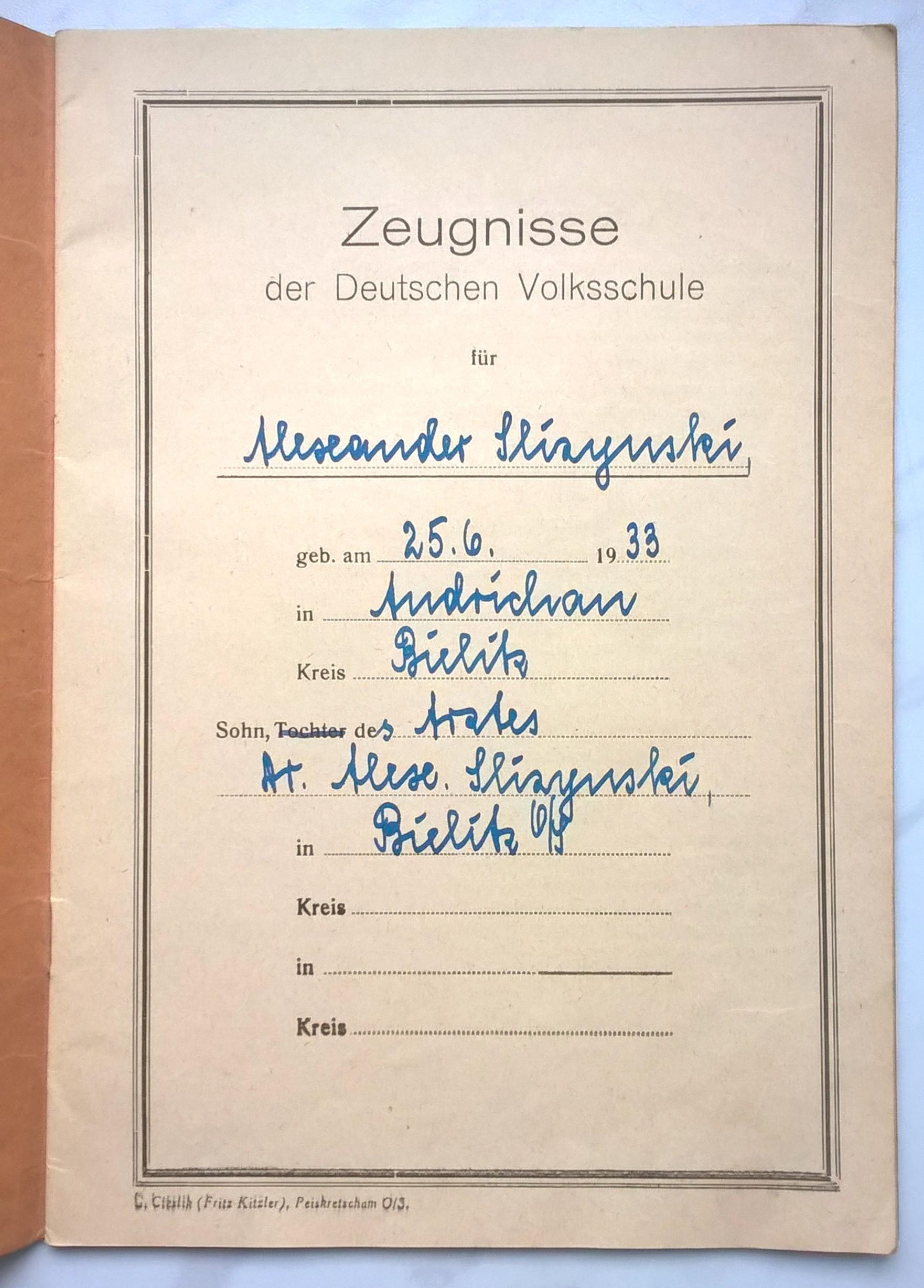 Zeugnisse der Deutschen Volksschule, BIELITZ - niemieckie świadectwa szkolne 1940 r. - Bielsko