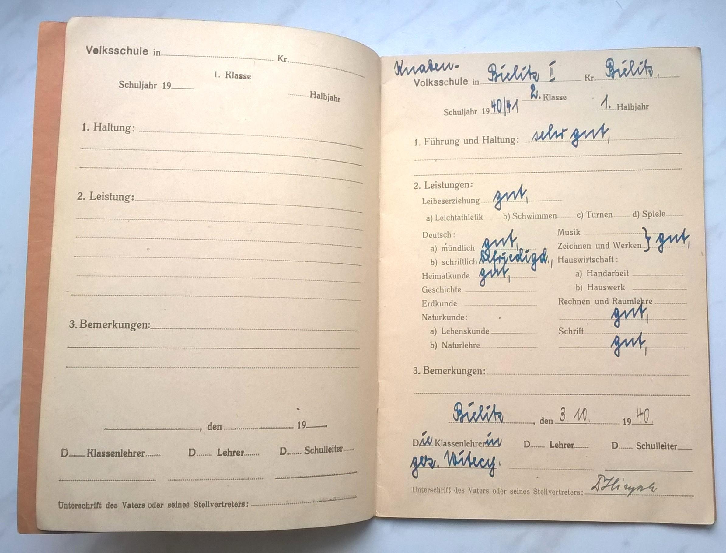 Zeugnisse der Deutschen Volksschule, BIELITZ - niemieckie świadectwa szkolne 1940 r. - Bielsko