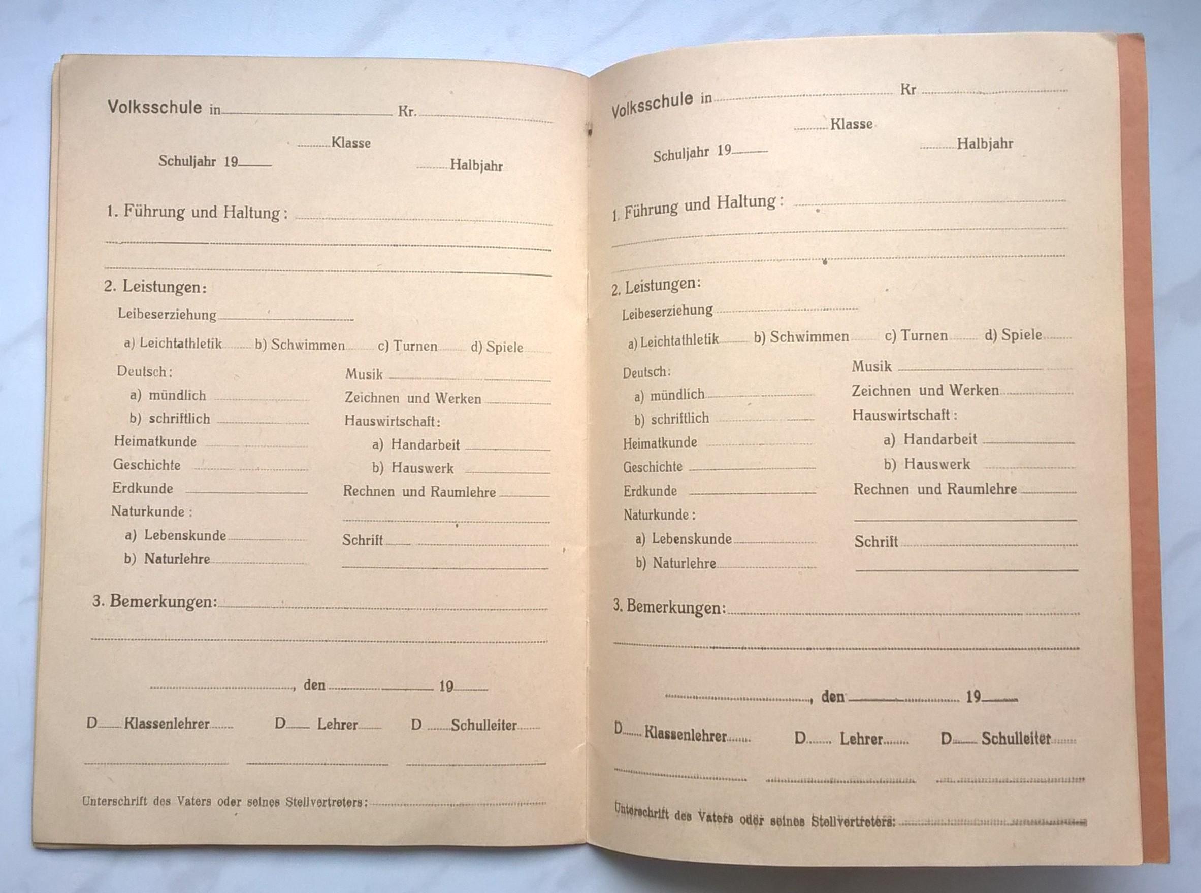 Zeugnisse der Deutschen Volksschule, BIELITZ - niemieckie świadectwa szkolne 1940 r. - Bielsko