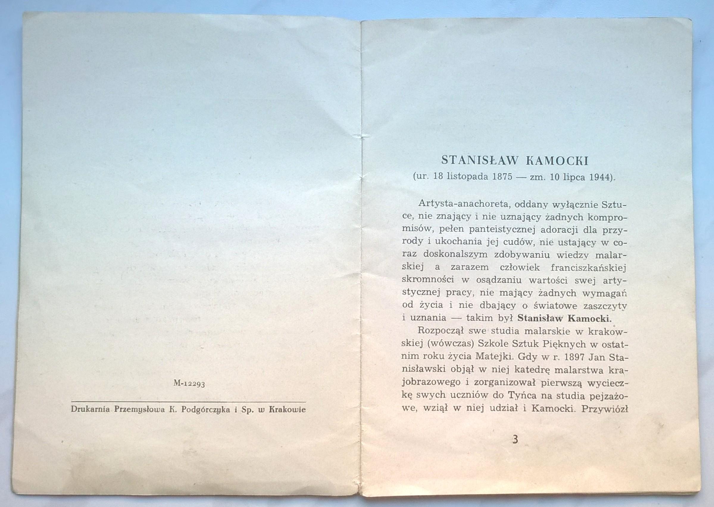 Katalog z wystawy malarza Stanisława Kamockiego, 1946 r. - z podpisem Piotra Pochwalskiego