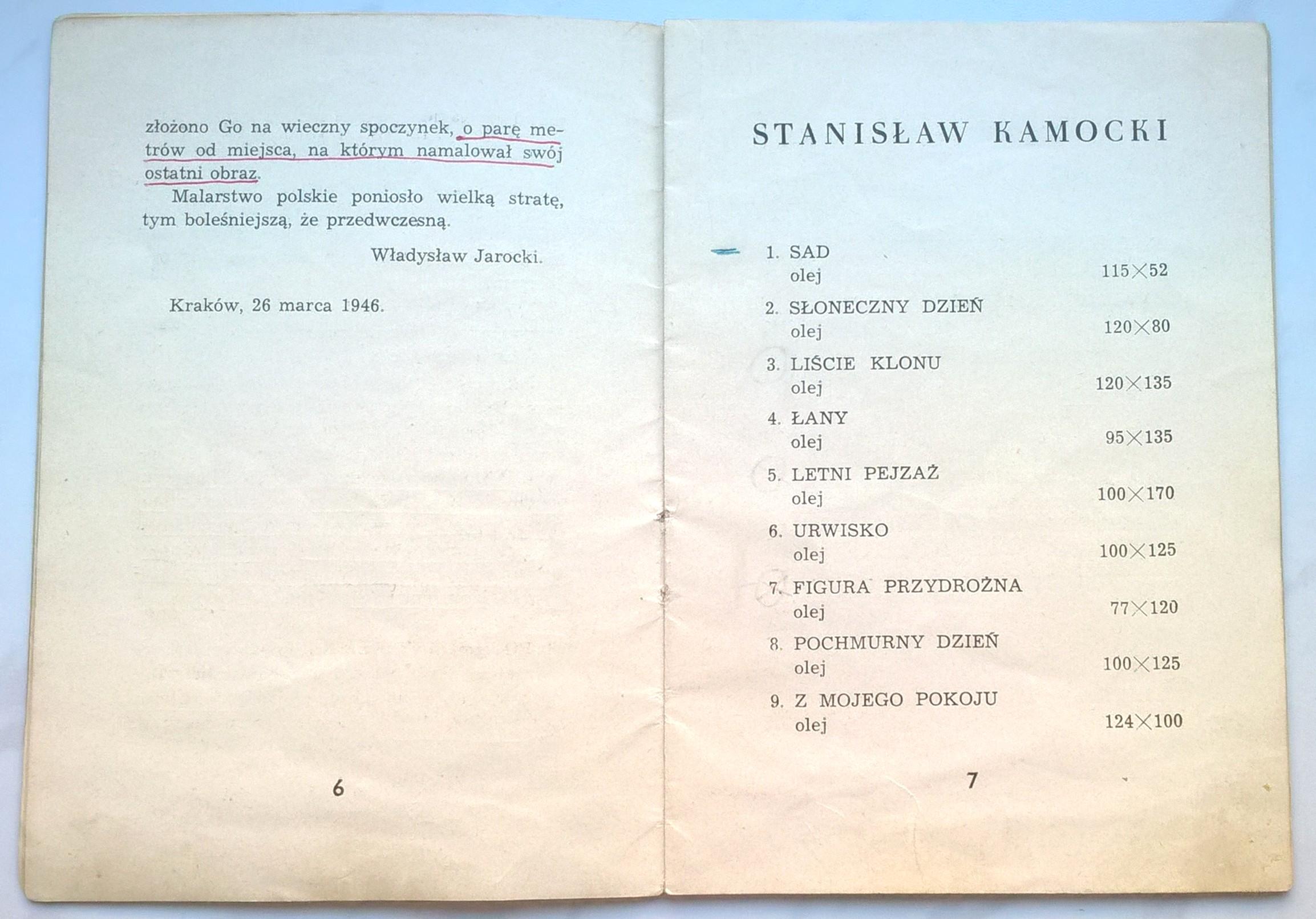Katalog z wystawy malarza Stanisława Kamockiego, 1946 r.