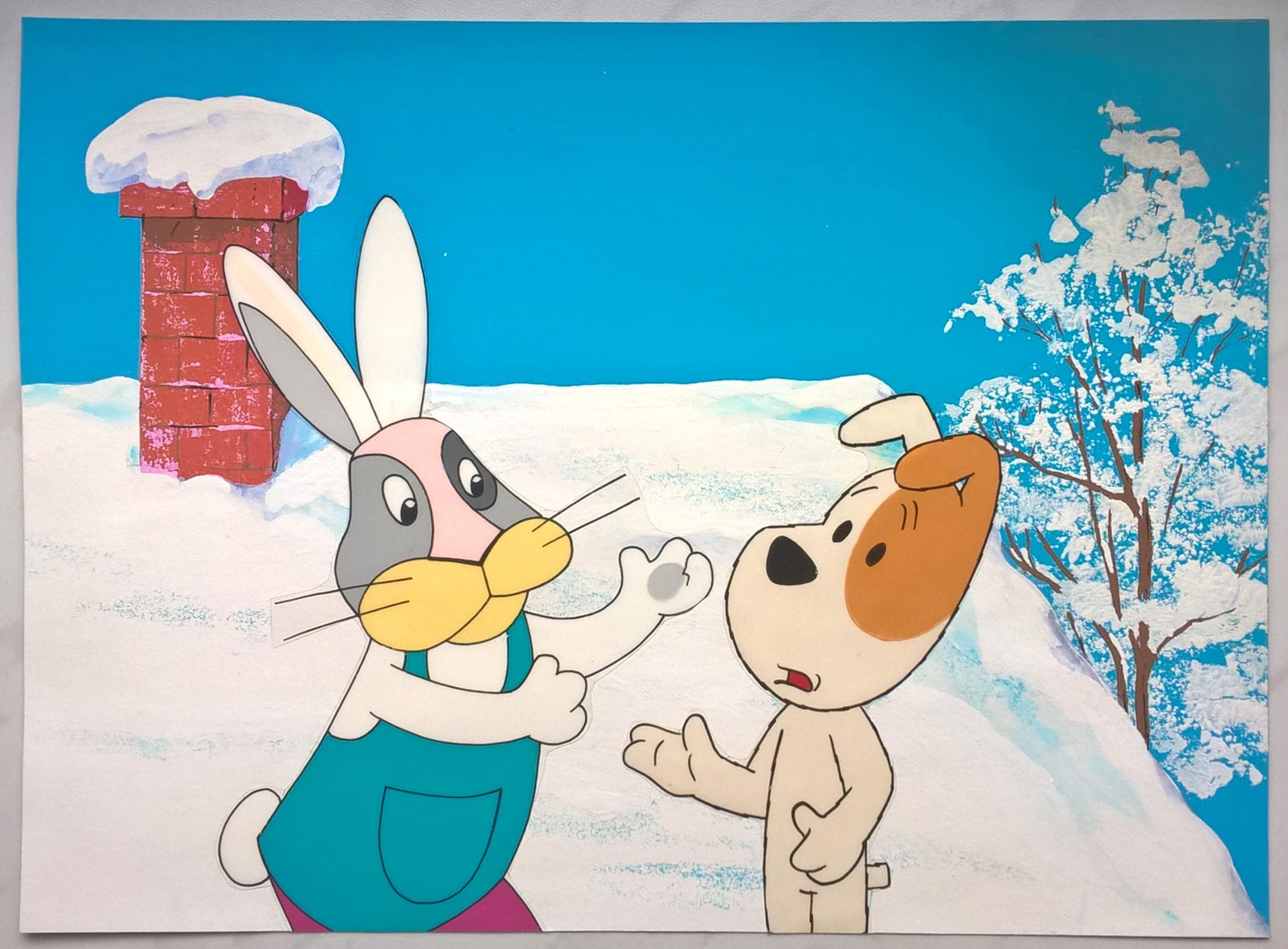 Oryginalna animacja - tło plus wycięte dwie folie - KRÓLIK i REKSIO