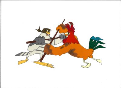 Folia animacyjna celuloidowa z bajki „Między nami bocianami” – JASTRZĄB i KOGUT (A-14)