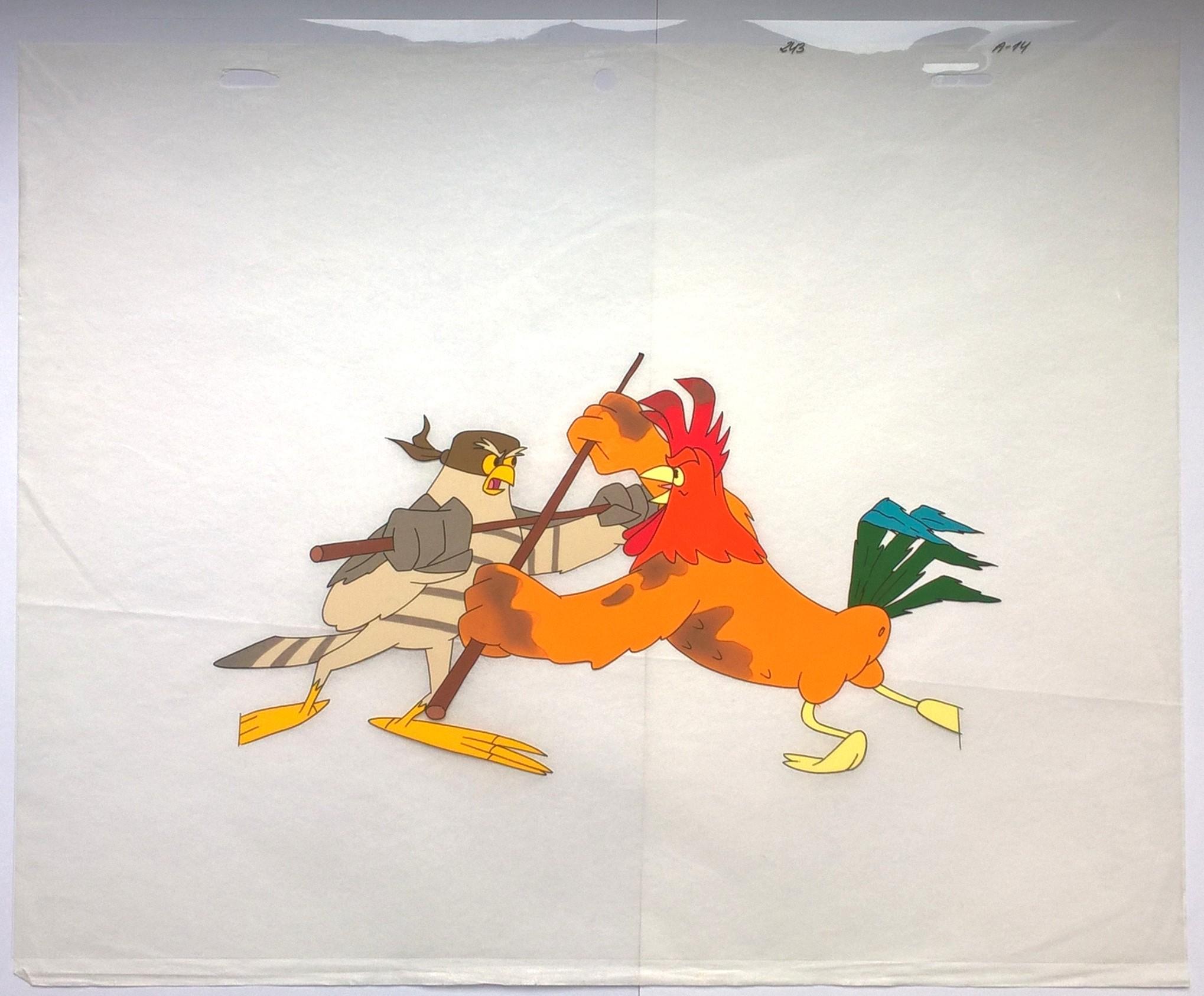 Folia animacyjna celuloidowa z bajki „Między nami bocianami” – JASTRZĄB i KOGUT (A-14)