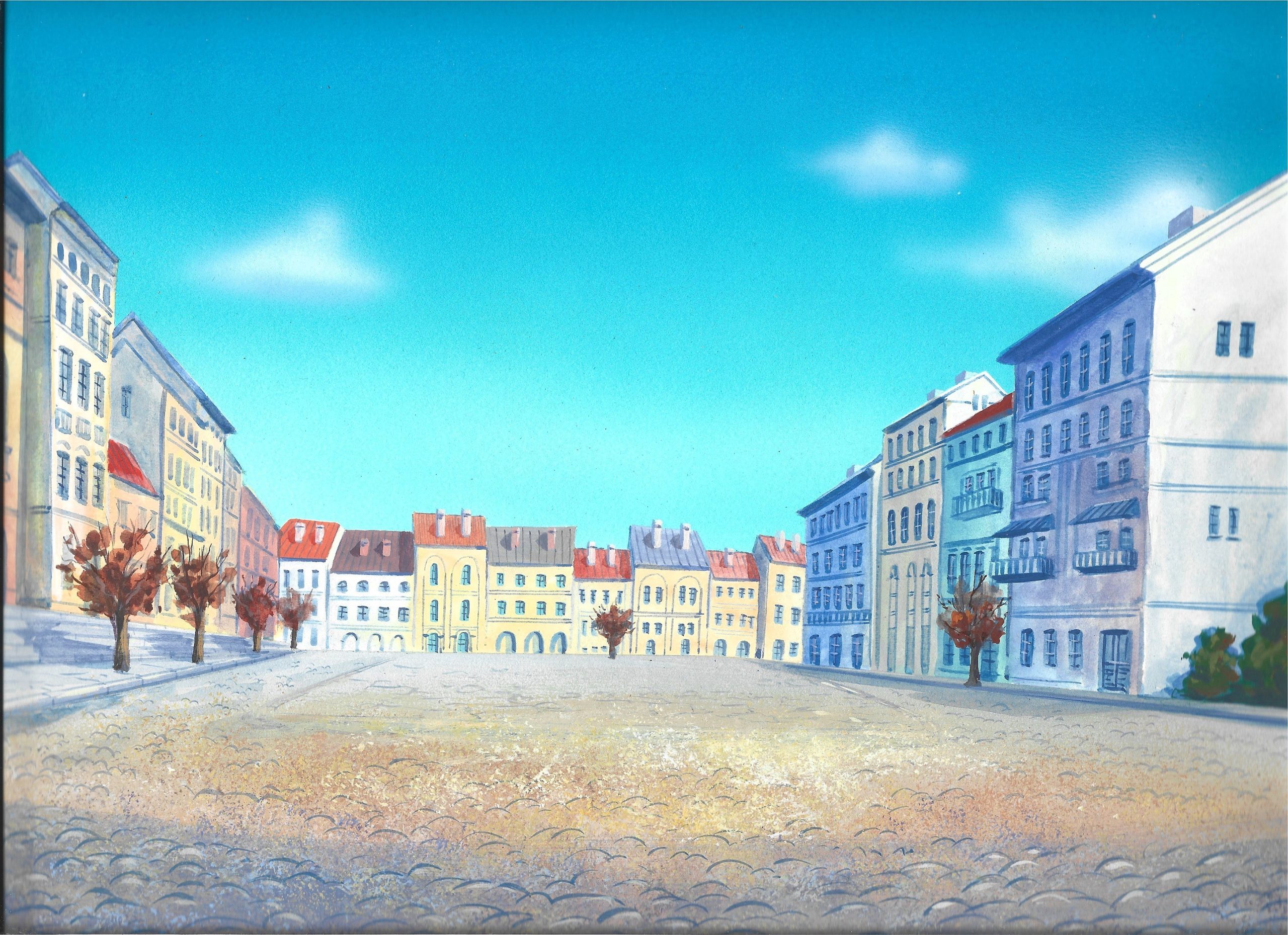 Tło animacyjne z bajki HANNA-BARBERA – Studio Filmów Rysunkowych - miasto za dnia