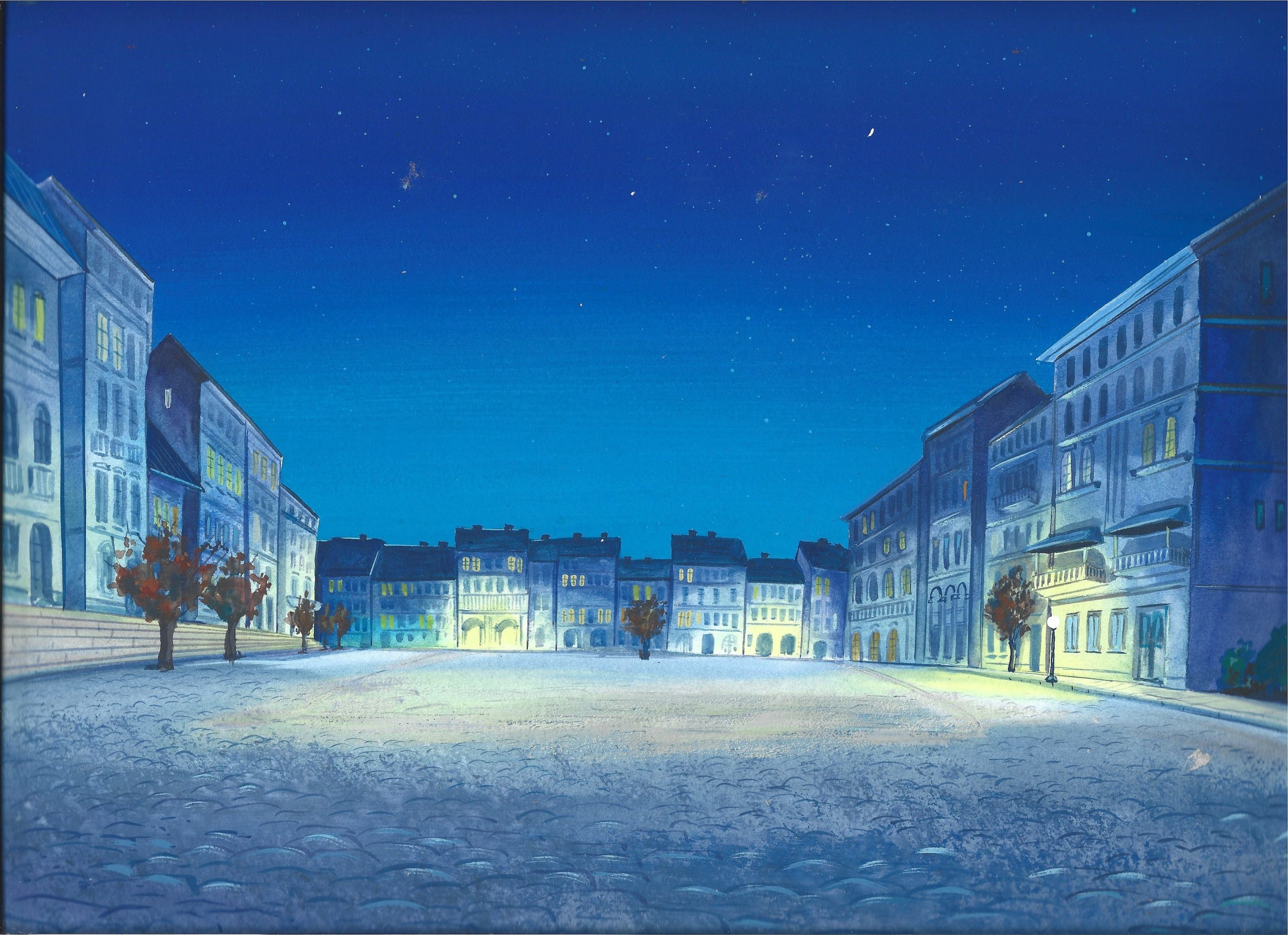 Tło animacyjne z bajki HANNA-BARBERA – Studio Filmów Rysunkowych – miasto nocą