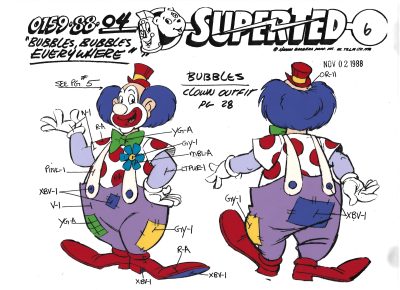Folia animacyjna celuloidowa z bajki „SuperTed” – BUBBLES CLOWN OUTFIT - strój klauna – Hanna-Barbera, POLAND, 1988 r.